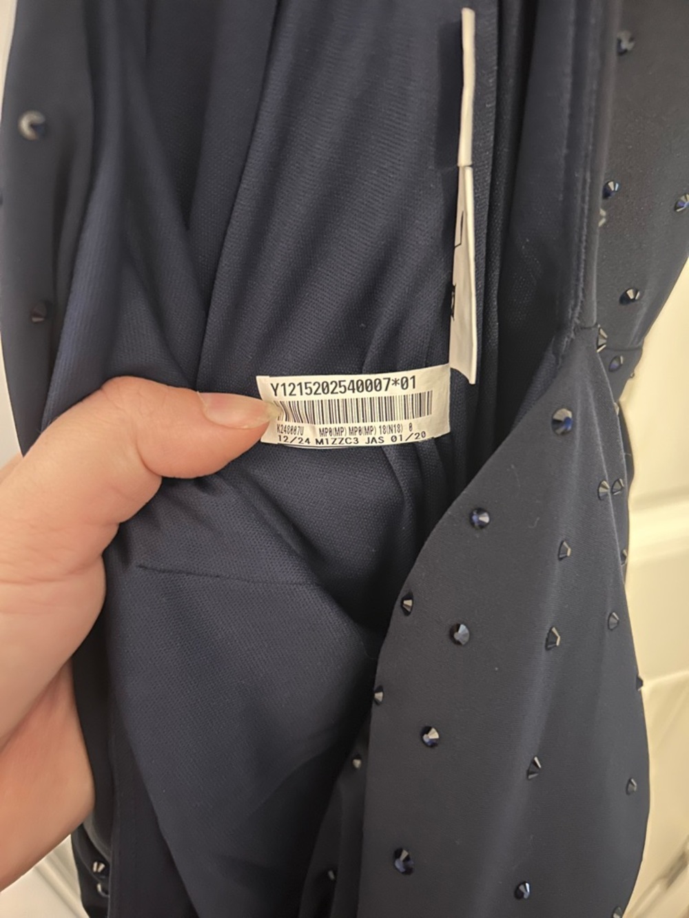 Elegant Navy Blue 3/4 Long-Sleeve Draped Evening Gown - Picture 7 of 8